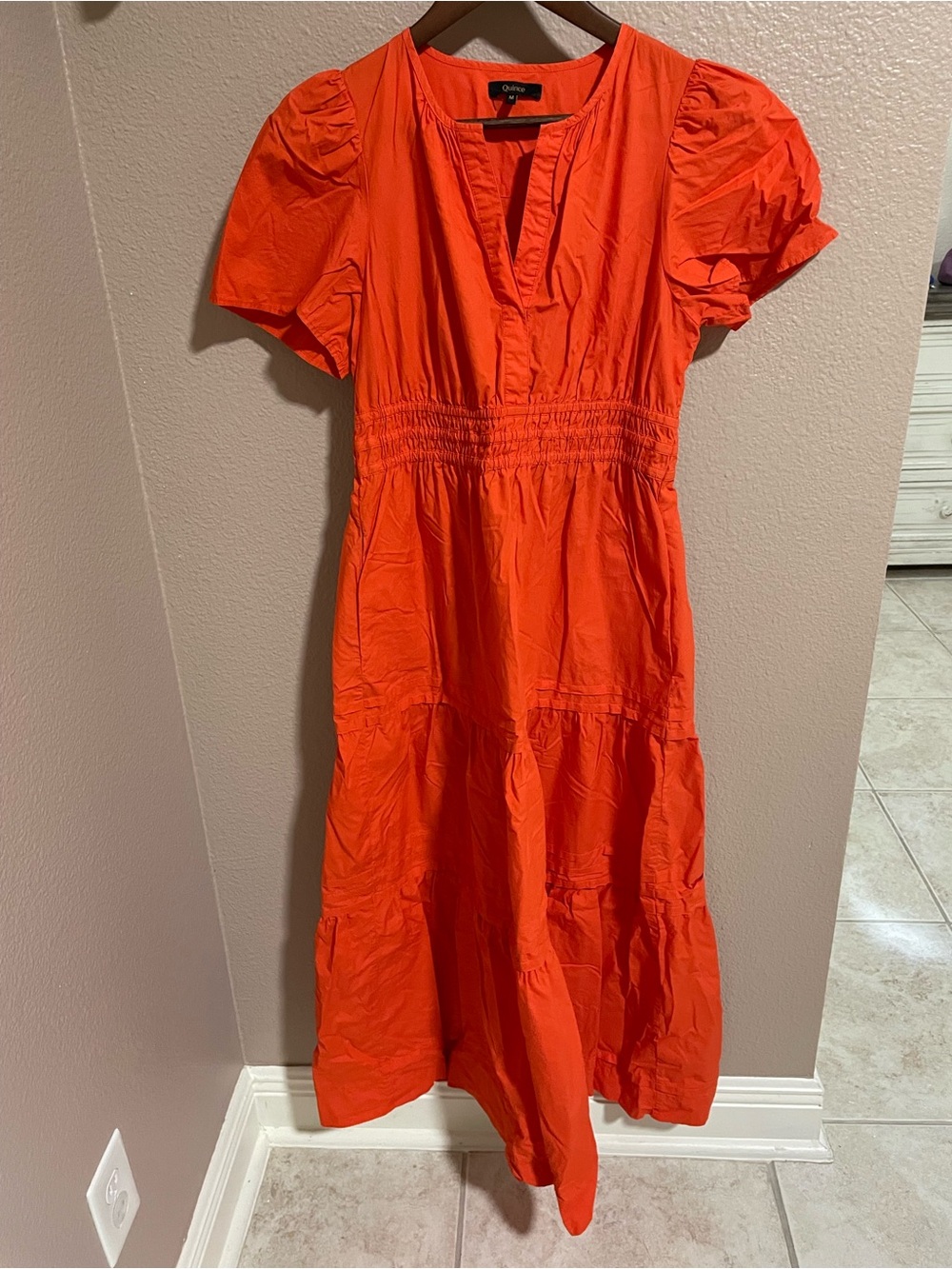 Quince Bright Orange Puff-Sleeve Midi Dress